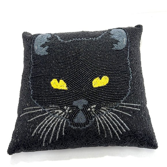 Pier 1 Spooky Black Cat Beaded Accent Throw Pillow Halloween Decor - Picture 1 of 11